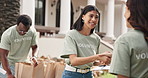 Volunteer, clipboard and woman with handshake for sign up outdoor, task delegation and happy. People, shaking hands and food parcel for community outreach, checklist and charity or nonprofit team