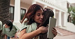 Woman, volunteer and hug with thank you for donation, charity or gratitude together in city. Female person, activity or NGO with smile or embrace for community service, impact or outreach in town