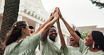Volunteer, team and high five with applause for winning, community mission or outdoor success. Happy people, group or NGO clapping with hands together for economic achievement or charity outreach