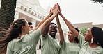 People, volunteer and high five with applause for winning, community mission or outdoor success. Happy team, group or NGO clapping with hands together for economic achievement or charity outreach