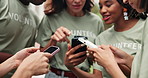 Volunteering, online and happy people with phone, outdoor and social responsibility for non profit. NGO, friends and team with mobile, discussion and reading post on website and bonding on break