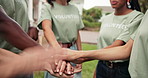 Volunteering, clap or team outdoor with handstack, support or motivation for donation campaign. Happy people, diversity or charity group with applause, encouragement or solidarity for welfare project