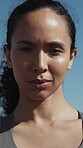 Fitness, face and woman outdoor with ambition, keeping fit and exercise hobby on weekend break. Serious, windy or person with portrait, athlete confidence and satisfaction with workout activity.