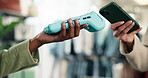 Shopping, people and hands with machine, phone and pos in store for bargain, sale and payment. Retail, fashion and women for online transaction, checkout and tap in boutique for clothing deal