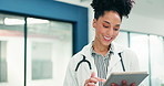 Medical, happy or woman in hospital with tablet, progress report or good news on treatment plan. Smile, healthcare or doctor with tech, recovery result or positive feedback in telehealth consultation