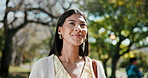 Thinking, park or happy woman with vision for academic learning journey, travel or outdoor commute. New, female person or exchange student with smile for beginning, development or foreign scholarship