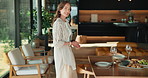 Face, woman and smile in home for table setting, casual get together or ready for guest arrival. Happy, mature person or tableware preparation for weekend gathering, social event or setup for hosting
