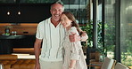 Face, hug and mature couple in home for bonding, connection and help with dinner table. Portrait, marriage and man with woman embrace for love, relationship and affection with wine glasses for supper