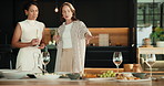 Happy, talking and women in home for dinner party, celebration and social gathering on weekend. House, hosting and friends with conversation, reunion and meal for bonding, connection and visit