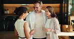 Happy, laugh and friends in home for dinner party, celebration and social gathering on weekend. House, hosting and people with conversation, reunion and meal for bonding, connection and visit