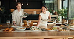 Help, friends and women in home for dinner party, celebration and social gathering on weekend. House, hosting and people with conversation, reunion and meal for bonding, connection and visit
