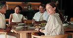 Celebration, face or host in home with friends, satisfaction or happy moment with diner bonding. Wellness, laugh or mature people with meal, reunion party or positive attitude at social gathering.
