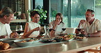 Relax, couple of friends and eating for dinner party, get together and bonding with meal compliment. Happy, mature people and food at dining table for social gathering, talking and enjoy dish in home