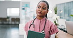 Health, thinking or woman in clinic with tablet, diagnosis insight or patient feedback in telehealth. Medical, reflection or nurse with tech, online consultation or solution in treatment planning.