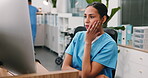Frustrated, computer or nurse in hospital with issue, booking error or telehealth pressure in clinic. Serious, health or woman with tech, online consultation or appointment mistake in medical center.