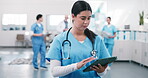 Nurse, woman or typing on tablet for medical records, outpatient referral or nursing admin. Health staff, person and digital for clinical notes, pathology results or EHR for hospital discharge report