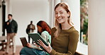 Happy woman, student and face with tablet on campus, college portal and easy online application. Laughing, female person and digital enrollment with tech for university admissions or academic app