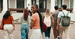 Happy, walking and face of woman at university for study opportunity, learning and smile on campus. College, portrait and person with friends for education, development and travel to class outdoor