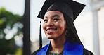 Graduate, vision or woman with smile at college campus as valedictorian student, mindset and outdoor. Graduation, happy black person or think of academic excellence, reflection or future opportunity