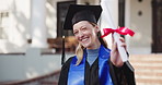 Face, woman and student with certificate at graduation, ceremony and learning for degree completion. Portrait, female person or graduate outdoor with regalia, accolade award and educational milestone