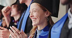 Education, girl and happy with applause for graduation ceremony, funny speech or collective success. Laugh, class and clapping at campus event for PHD celebration, college graduate and academic honor