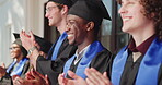 Happy, man or students applause for graduation ceremony, valedictorian speech or degree completion. Pride, class and clapping at campus event for academic honor, college graduate or classmate support