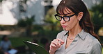 Woman, thinking or professor on campus with clipboard, curriculum checklist or student registration. Mature lecturer, notes and outdoor with glasses for teaching schedule, agenda and planning lesson