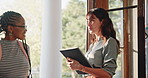 Professor, students and walk in university with greeting, class register and lecturer for education. Happy, teacher and people at college lecture with arrival, morning and book for attendance record.