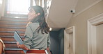 Professor, walk and talk in university with students, course teacher or arrival for higher education. Flare, lecturer and woman on stairs with scholar, discussion and books for college resources.