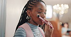 Student, woman and friends at college with makeup brush, class break or help with cosmetics touch up. Bokeh, person and beauty routine at university with education, learning and assistance from peer.