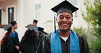 Face, smile and student outdoor for graduation, ceremony and college diploma for degree completion. Portrait, happy man or graduate at campus with certificate, accolade award and learning achievement