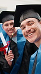 Student, face and selfie with happy man in university ceremony for academic success on campus. Portrait, male person or graduate with smile or hat for education, milestone or learning achievement