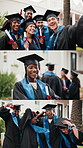 Diversity, student or graduation with selfie on campus for academic success or celebration. Collage, people or graduates cheering with smile for winning, picture or learning achievement in university