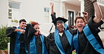 Jump, excited and face of students at graduation, college milestone and celebrate together. Portrait, dance and friends with energy for education success, academic achievement and university graduate