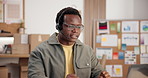 Laptop, man or headset in customer service for shipping FAQ, pricing enquiry or delivery request. Black person, agent or contact client to explain logistics rates, track cargo or online freight quote