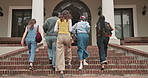 University, students and walking with lecturer for class, education or learning schedule together. Back view, teacher and learners getting ready with group for classroom preparation or finished break
