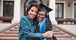 University, hug and student with professor for graduation, face and milestone for education goals. Portrait, campus and embrace with ceremony, degree and success for achievement and college diploma