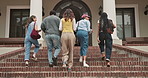 College, students and walking with lecturer for class, education or learning schedule together. Back view, teacher and learners getting ready with group for classroom preparation or finished break