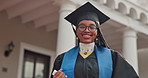 University, black woman and student with face for graduation, award and milestone for education. Portrait, campus and person with ceremony, degree and success for achievement and college diploma