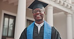 University, black man and student with face for graduation, award and milestone for education. Portrait, campus and happy person with ceremony, degree and success for achievement and college diploma