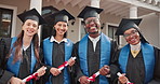 University, friends and students with face for graduation, award and milestone for education. Portrait, campus and happy people with ceremony, degree and success for achievement and college diploma