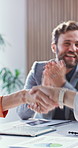 Handshake, office and business people in meeting with applause, onboarding and partnership. Corporate, team and workers shaking hands for success, promotion and clapping for financial agreement