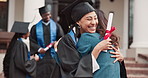 College, hug and teacher with student for graduation, celebration and milestone for education goal. Happy, people and campus with ceremony, degree and success for achievement or university diploma
