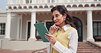 Thinking, lecturer and woman at college with tablet, academic course and idea for faculty knowledge. Happy, mature person or teacher in university with tech, lesson plan or higher education research.