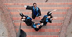 University, celebration and above with students for graduation, throw and milestone for education. Group, campus and people with ceremony, degree and success for achievement and college diploma goals