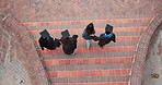 University, above and professor with students for graduation, walk and milestone for education goals. Group, campus and people with ceremony, degree and success for achievement and college diploma