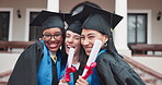 College, women and students with hug for graduation, face and milestone for education goals. Portrait, campus and people with ceremony, degree and success for achievement and university diploma