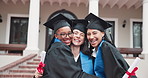University, women and students excited for graduation, face and milestone for education goals. Portrait, campus and people with ceremony, degree and success for achievement and college diploma