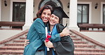 University, hug and student with mother for graduation, face and milestone for education goals. Portrait, campus and family with ceremony, degree and success for achievement and college diploma