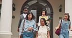 University, students and walking with lecturer for after class, done period or finished on campus. Happy, teacher and learners with group of friends for academic break, completion or leaving academy